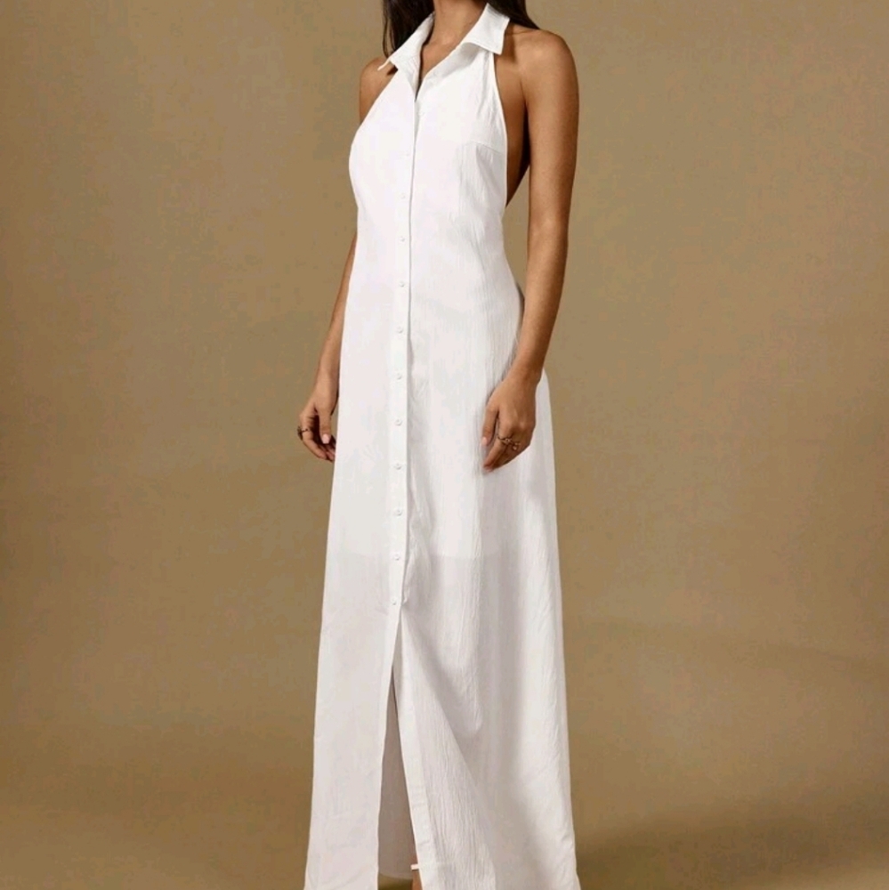 Halterneck Lapel Sleeveless Front Button Waist Line Maxi Shirtdress Casual Dress - Picture 4 of 7